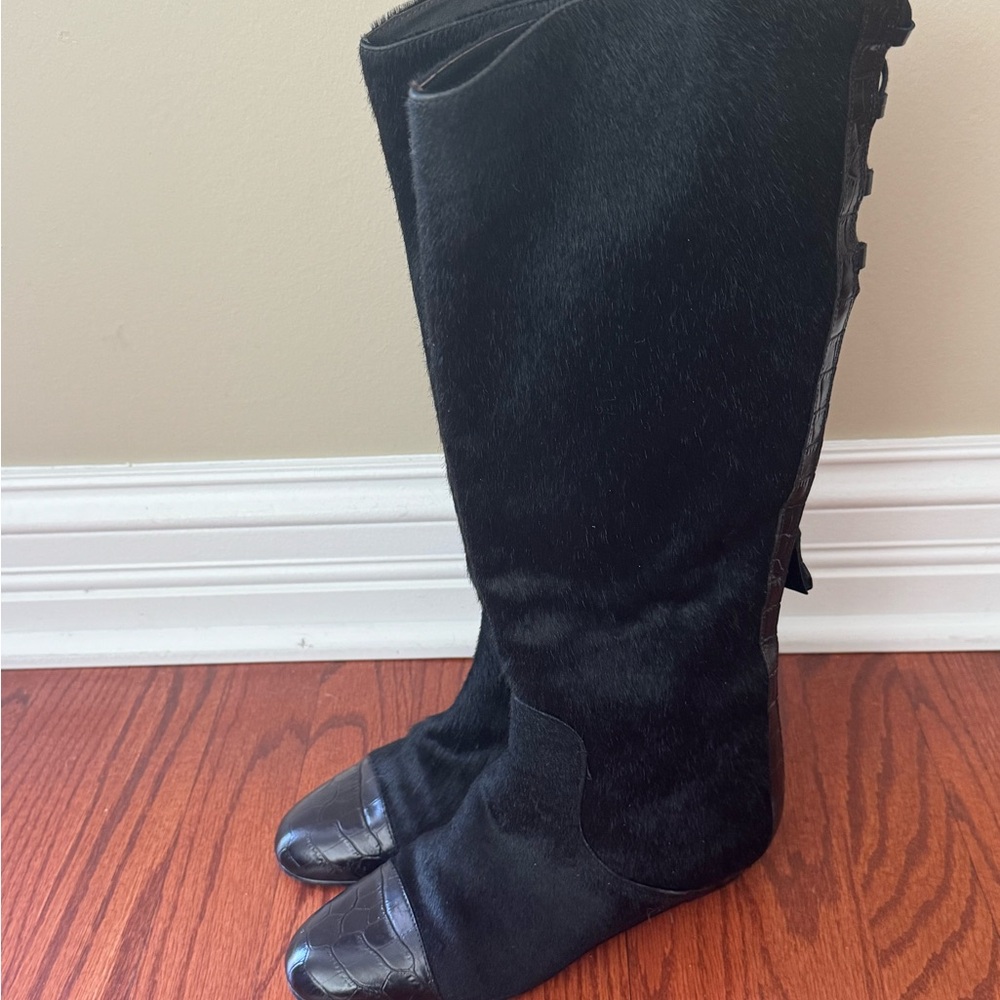 Migliorini Knee High Calf Hair Black Boots, Women’s 6,5
